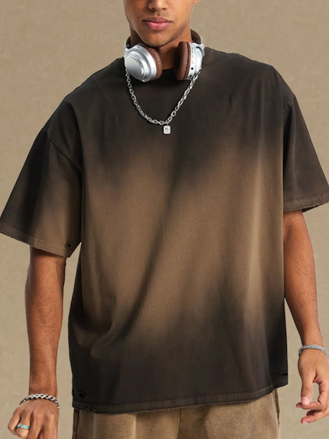 Men's Gradient Round Neck Half Sleeve T-Shirt Taupe