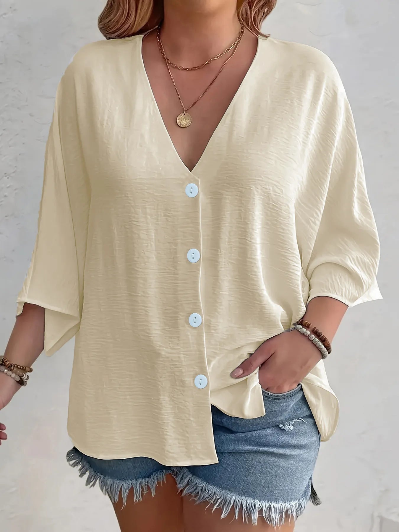 Full Size Casual V-Neck Button Down Relaxed Fit Blouse Plus Size Cream