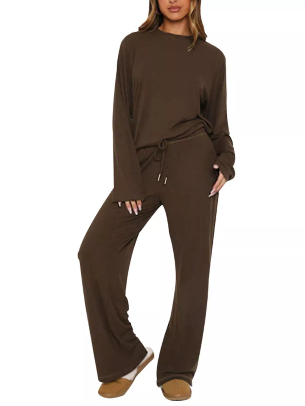 women's relaxed fit long sleeve top and pants set - front view