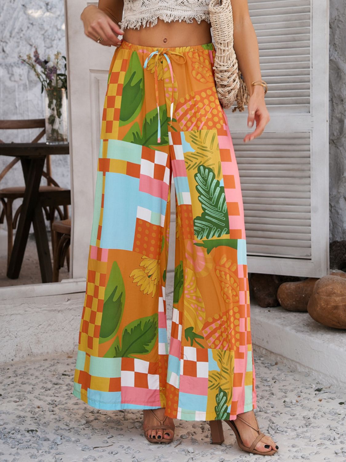 Devine Drawstring Printed Wide Leg Pants