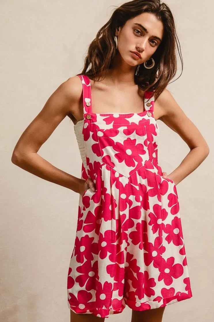 bibi floral prints tuck detail short overall with pockets shown as women’s outerwear