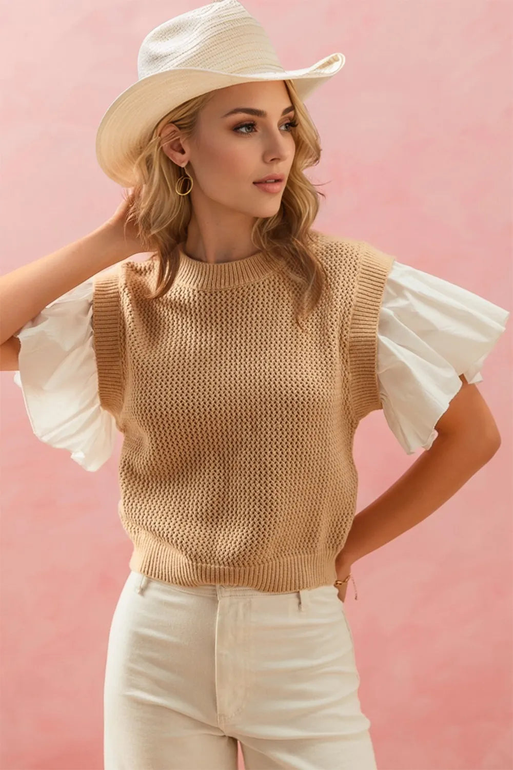 Oh Full Size Ruffled Round Neck Short Sleeve Sweater Camel
