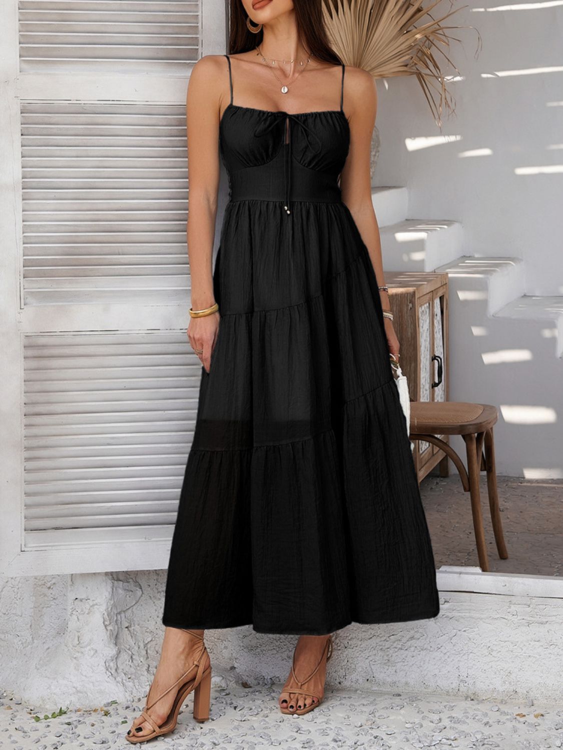 Devine Smocked Tiered Maxi Cami Dress Black