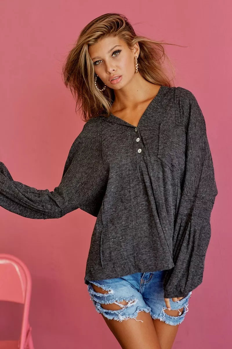 women's bibi textured knit hoodie with buttoned placket - front view