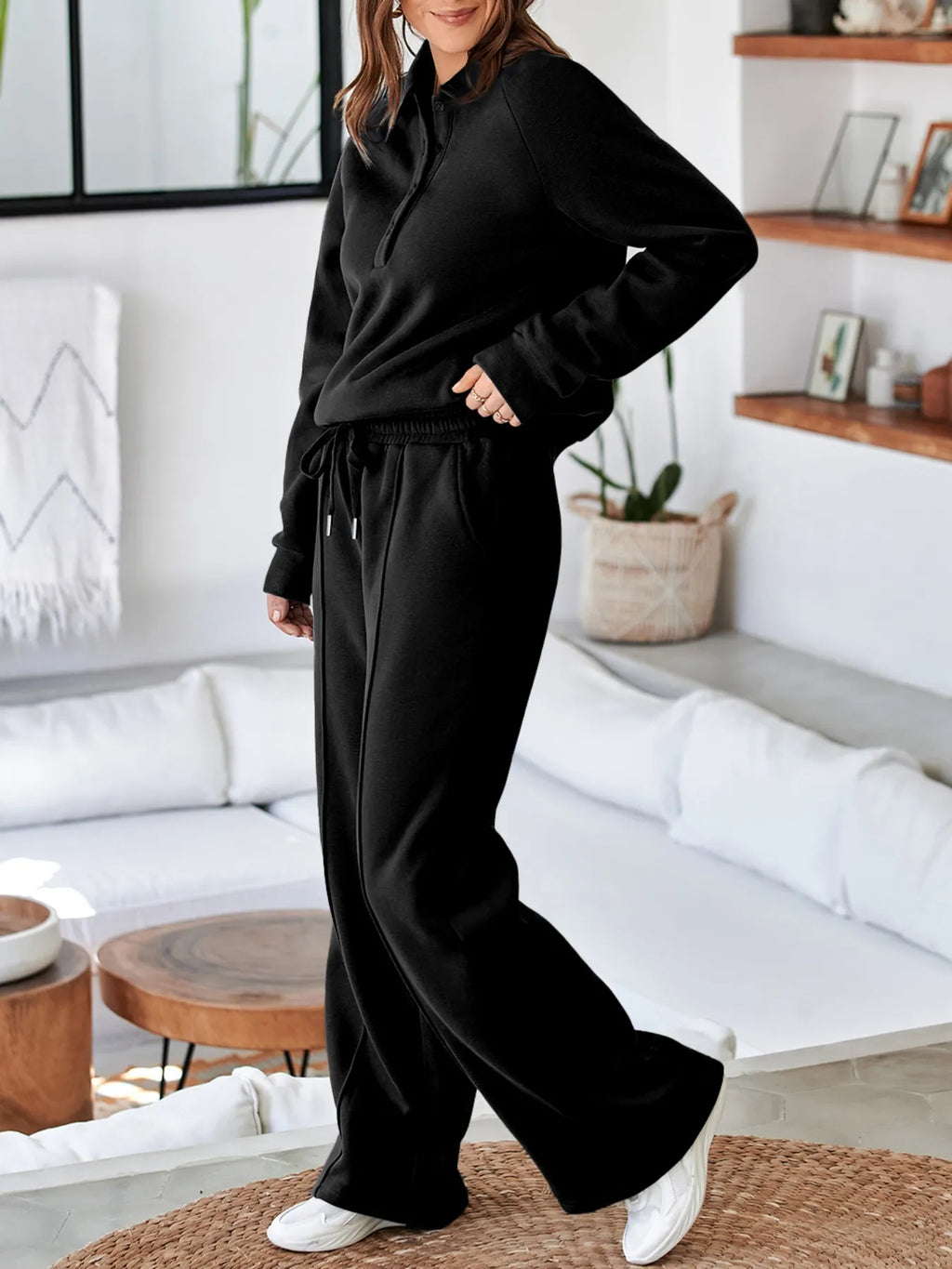 women's collared sweatshirt and high waist pants active set - product detail