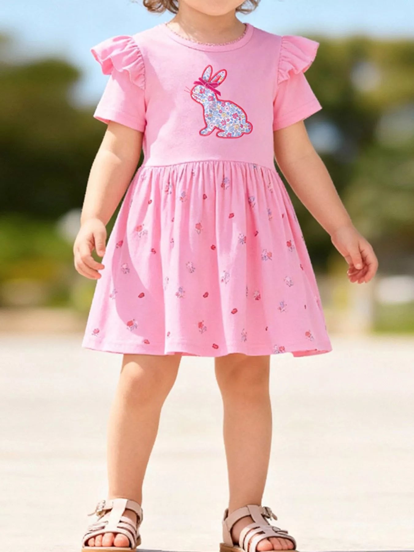 women's children's bunny applique ruffle sleeve dress - styled view