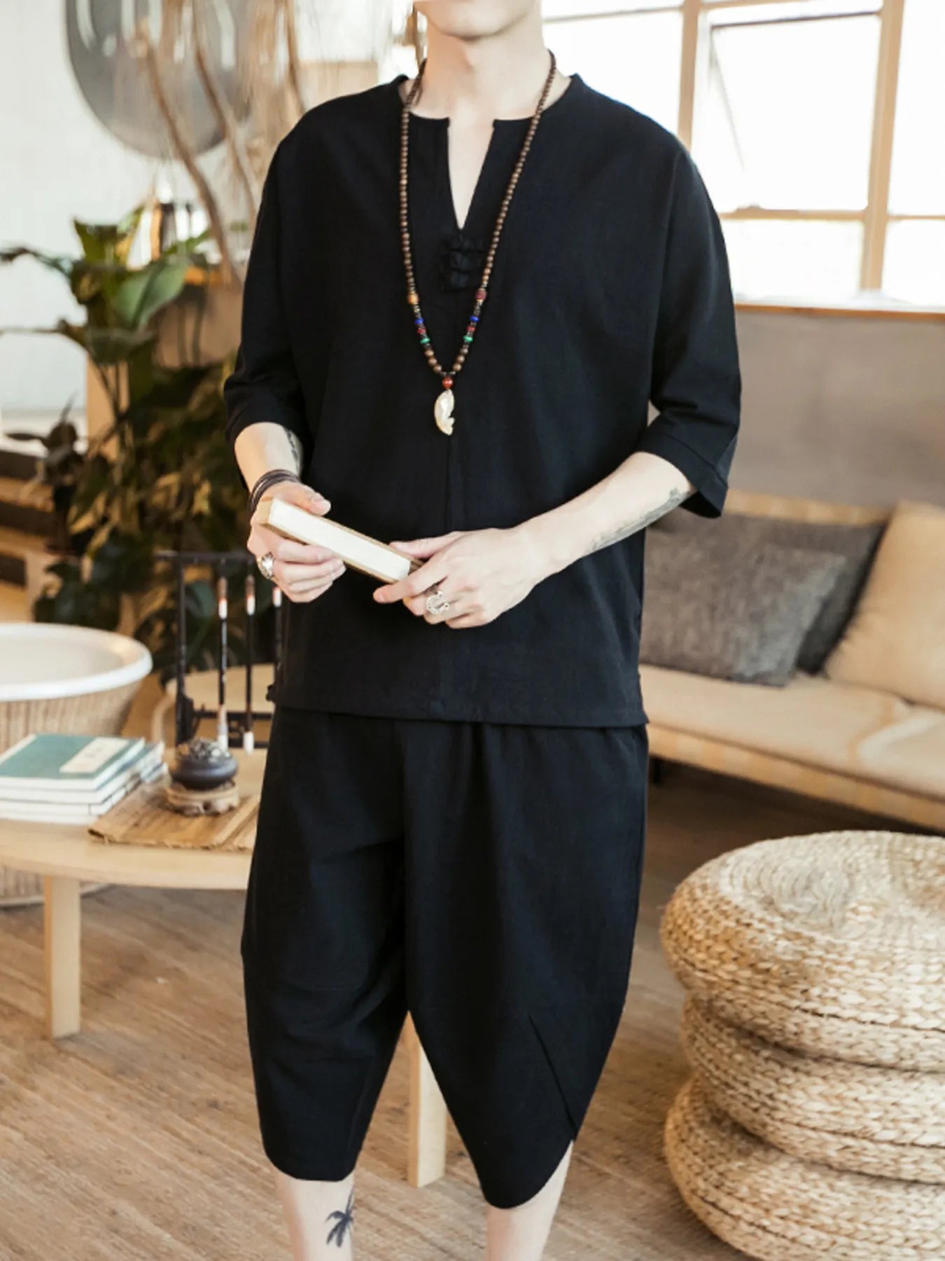 men's men's plus size notched half sleeve top and cropped pants set - front view