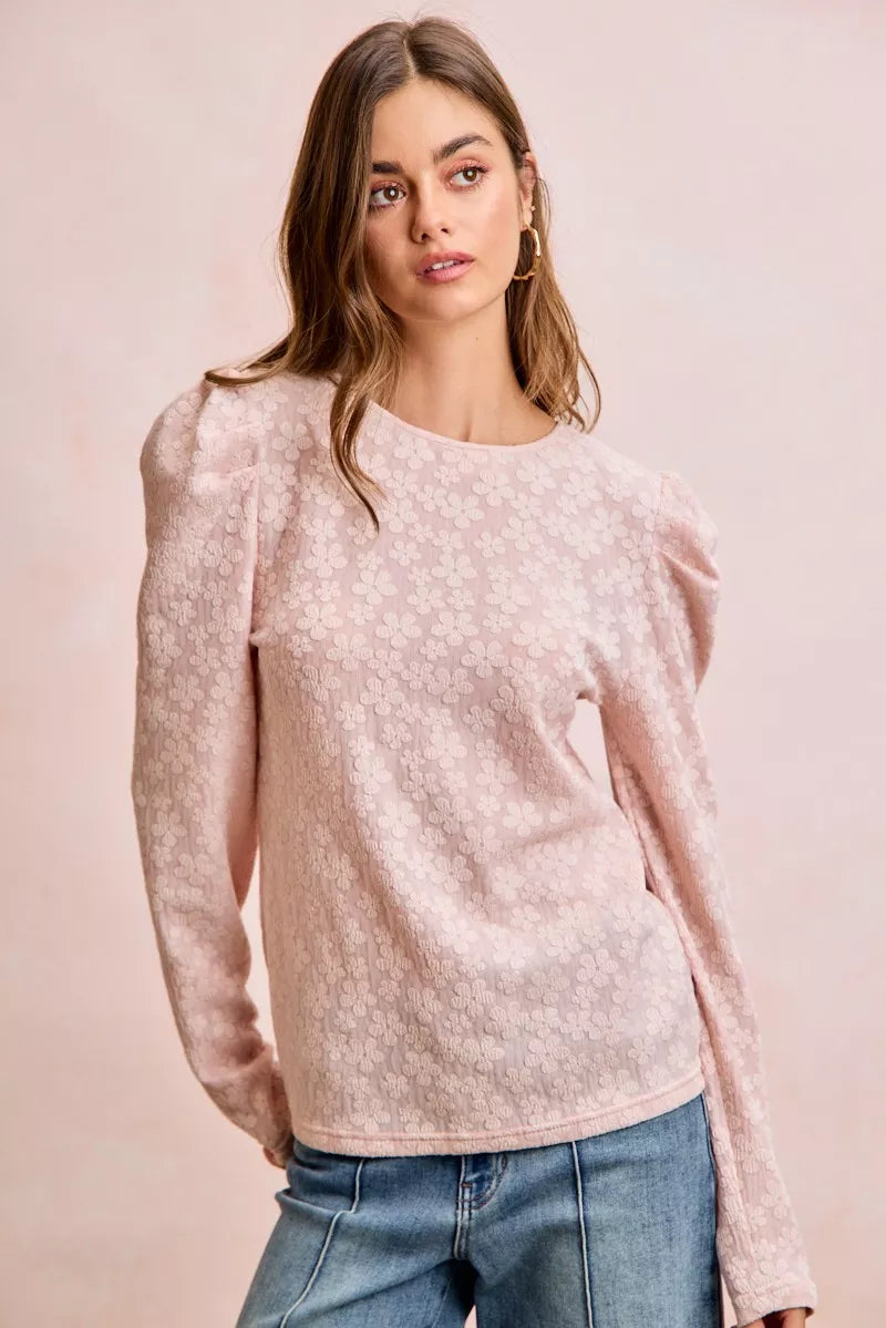 women's bibi textured flower knit puff shoulder top - extra view