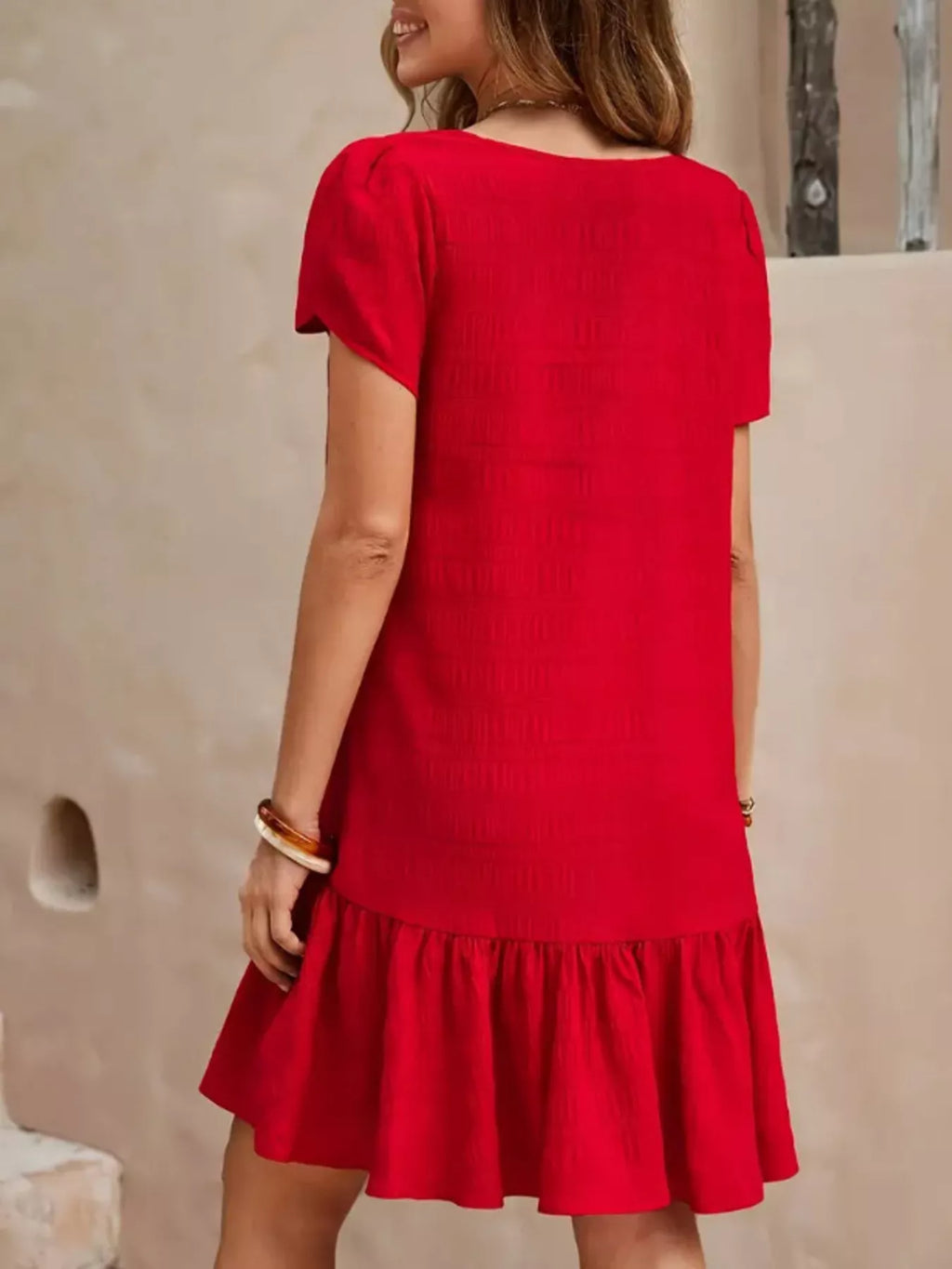 women's v-neck ruffle hem textured mini dress - product detail