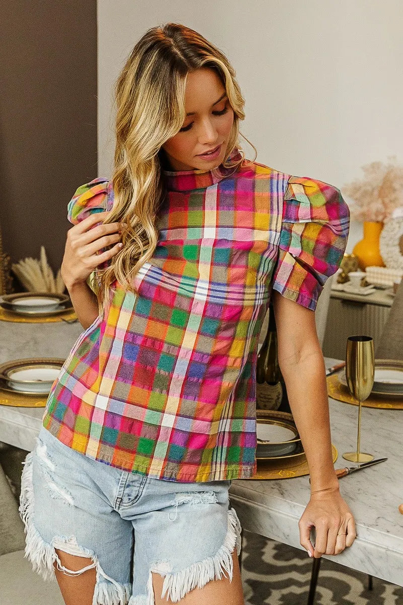 women's bibi short puff sleeve washed vintage plaid top - second view