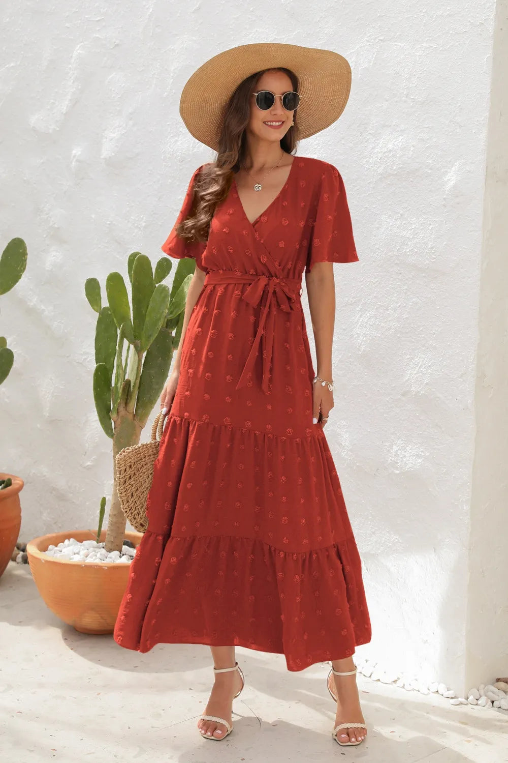 Swiss Dot Tied Surplice Short Sleeve Dress Rust