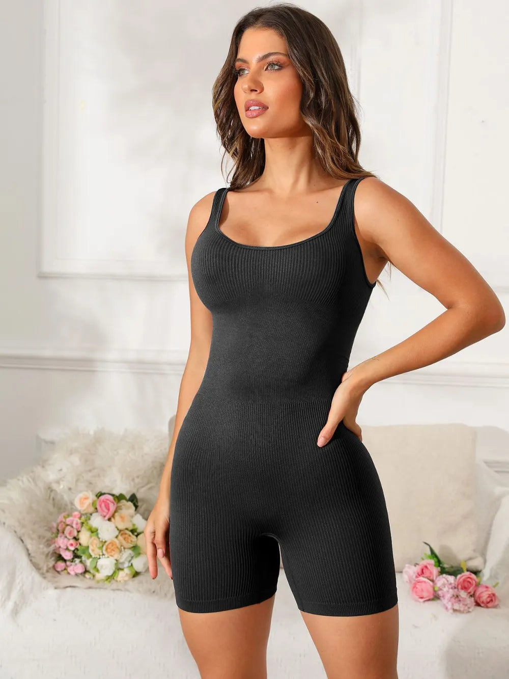 women's scoop neck wide strap active romper - additional image