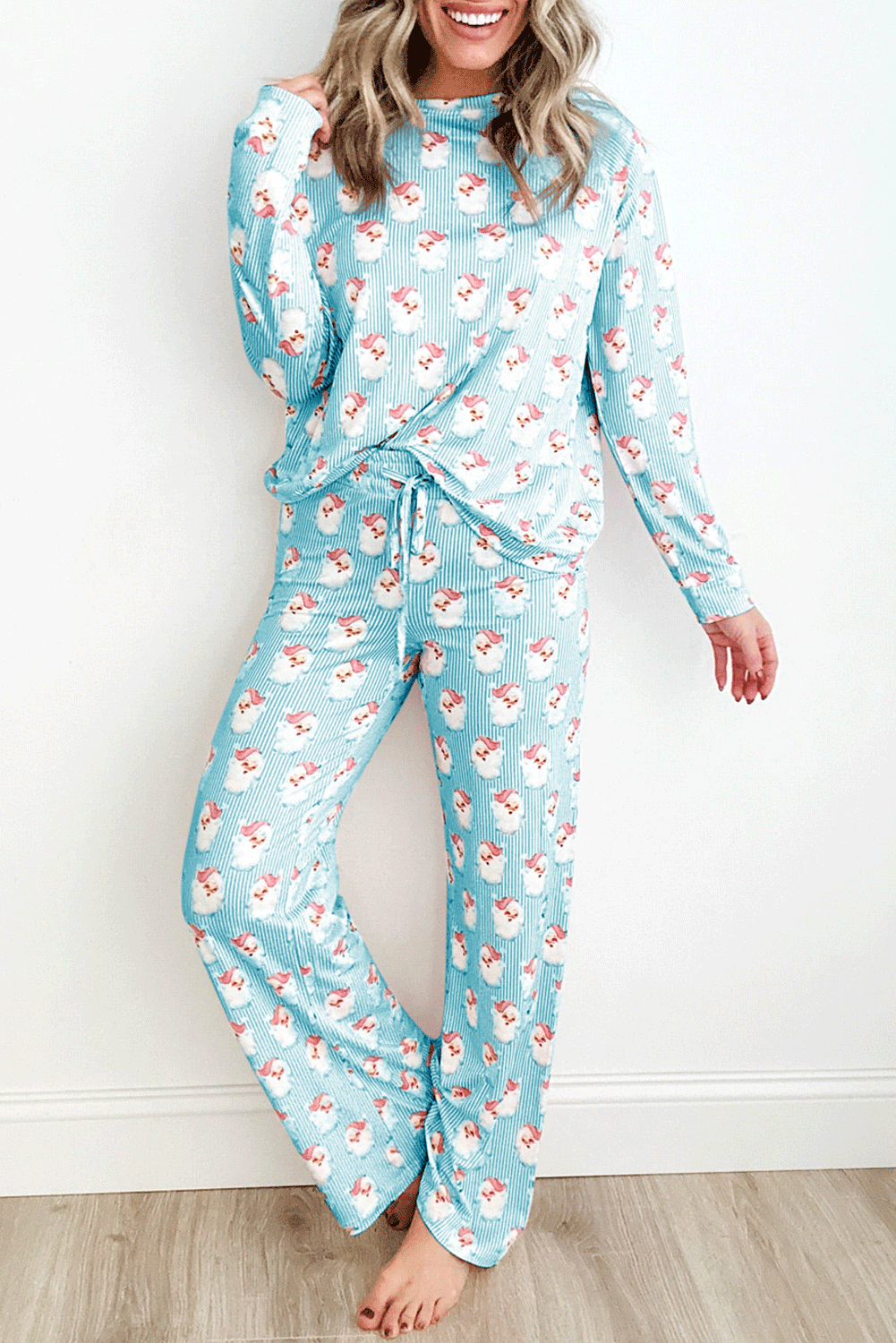 Santa Print Long Sleeve Top and Pants Lounge Set Pastel Blue