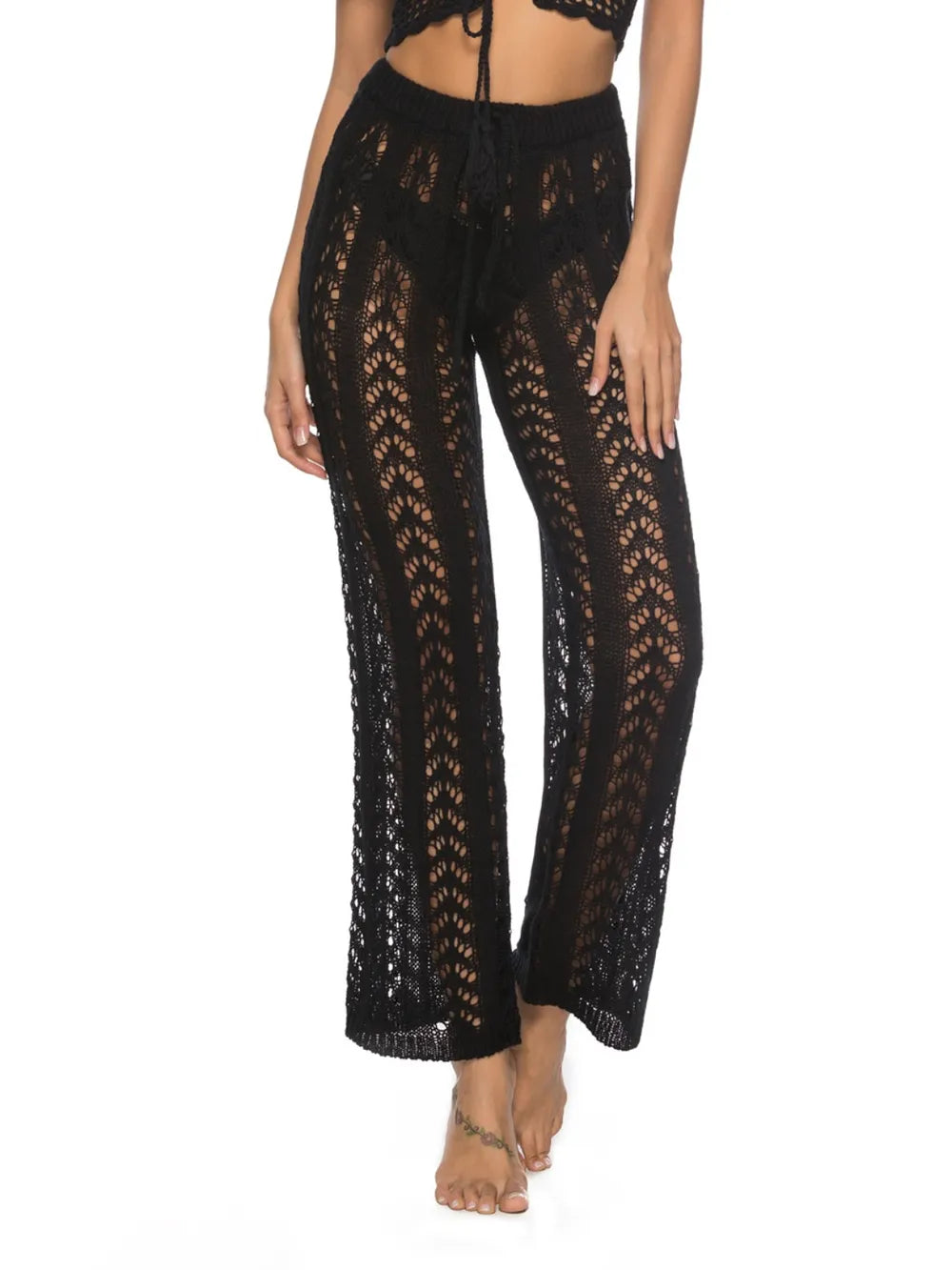 Cutout Drawstring High Waist Swim Pants Black