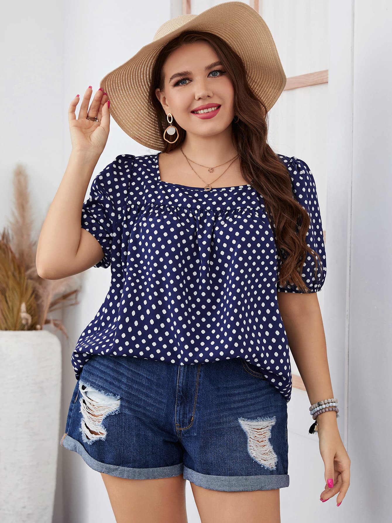 Honey Plus Size Polka Dot Square Neck Blouse Dark Blue