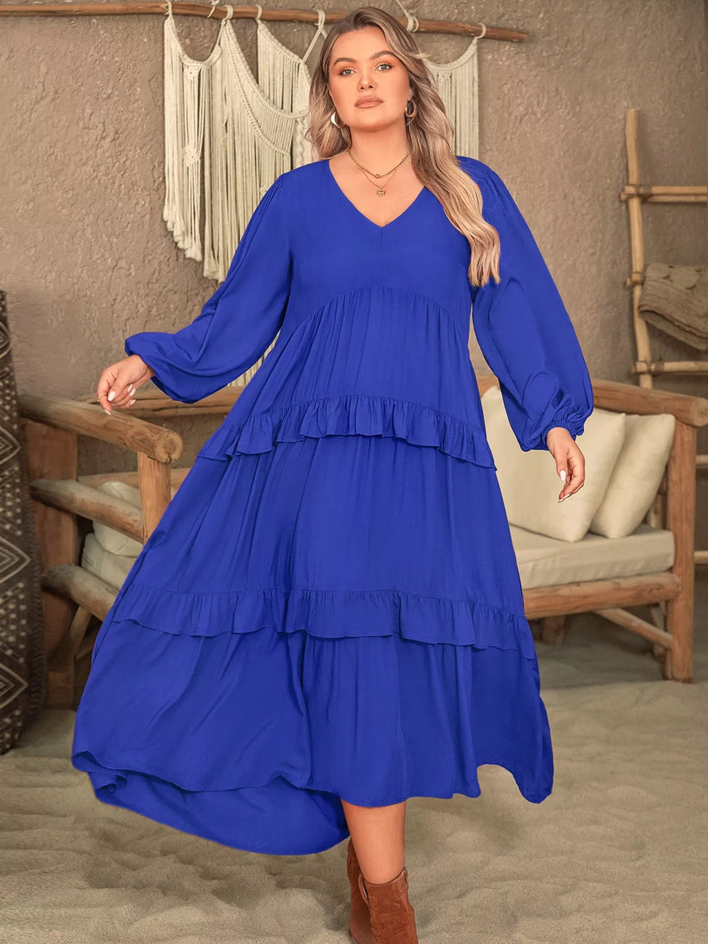 women's plus size balloon sleeve ruffle tiered flowy dress - additional angle