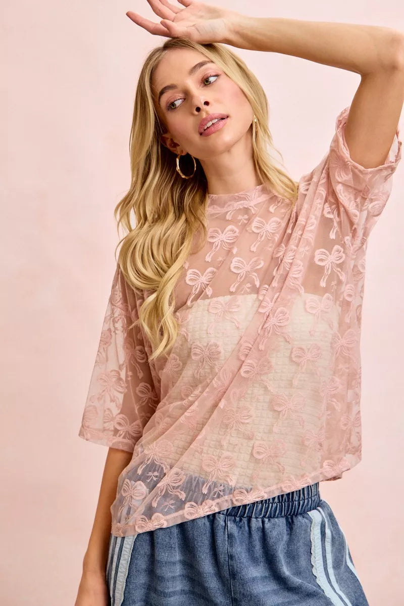 women's bibi bow pattern short sleeves boxy mesh top - additional image