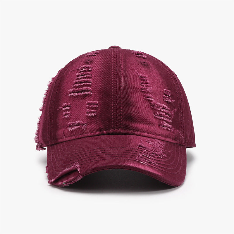 Distressed Adjustable Cotton Baseball Cap Burgundy One Size