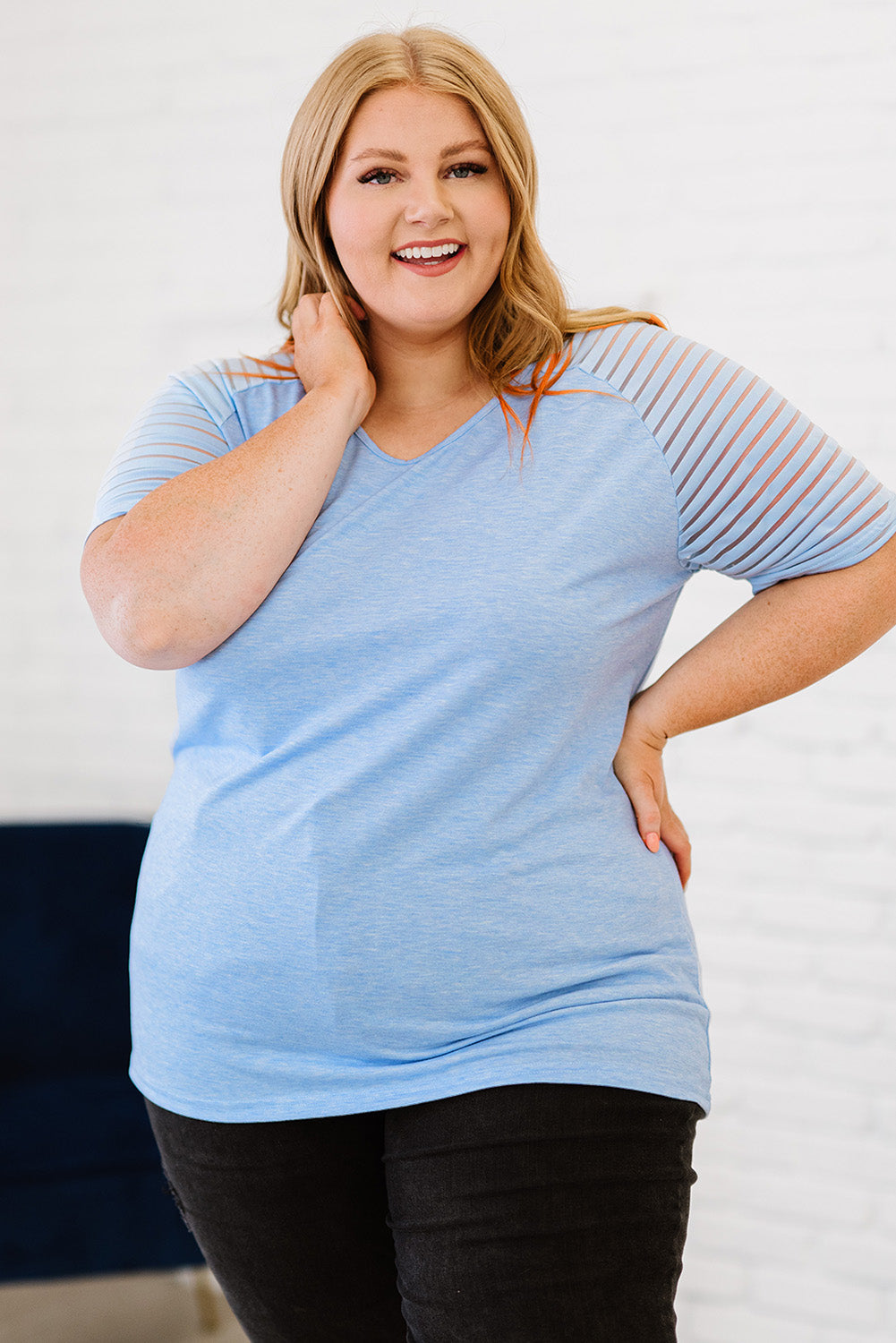 Plus Size V-Neck Raglan Sleeve Tee Light Blue