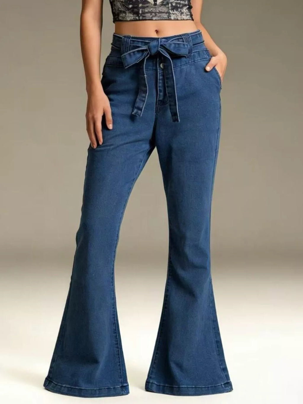 women's bow-tie high-waisted flare jeans - styling option