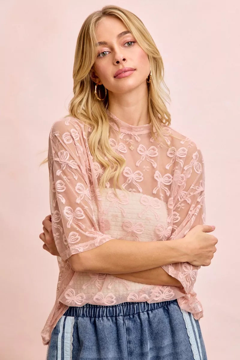 women's bibi bow pattern short sleeves boxy mesh top - extra view