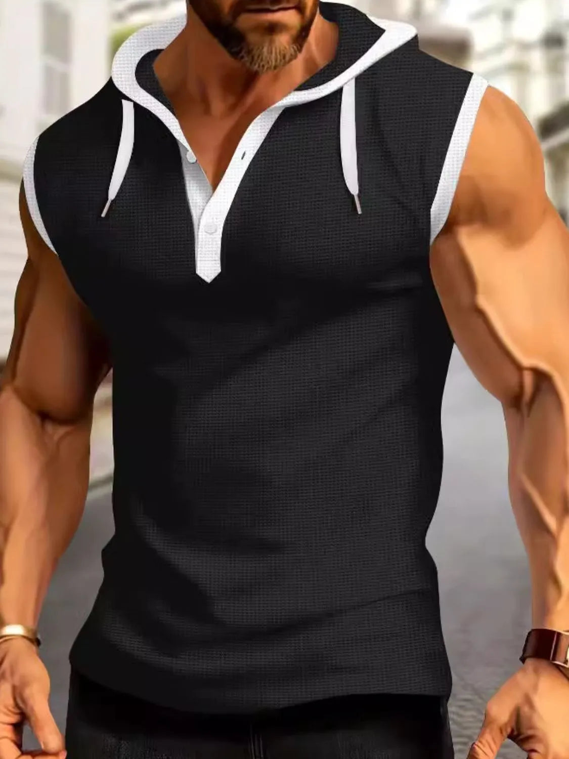 Men's Full Size Waffle-Knit Hooded Tank Plus Size Black