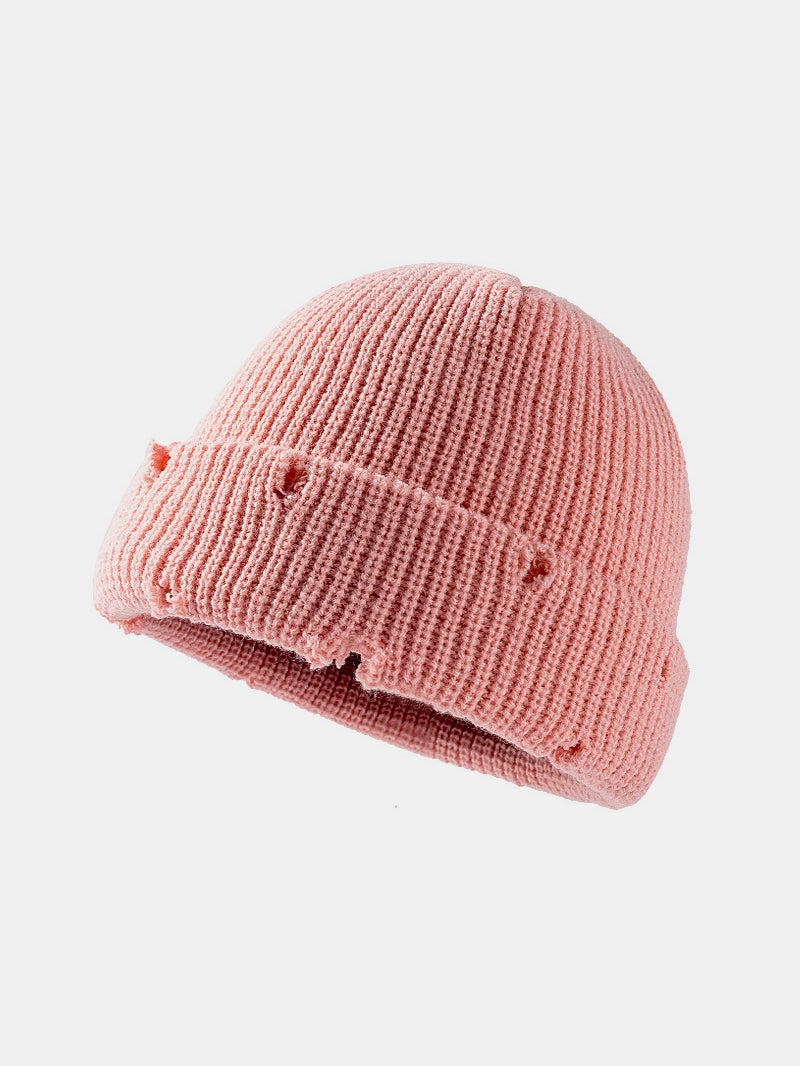 Distressed Cuffed Knit Hat Pink One Size