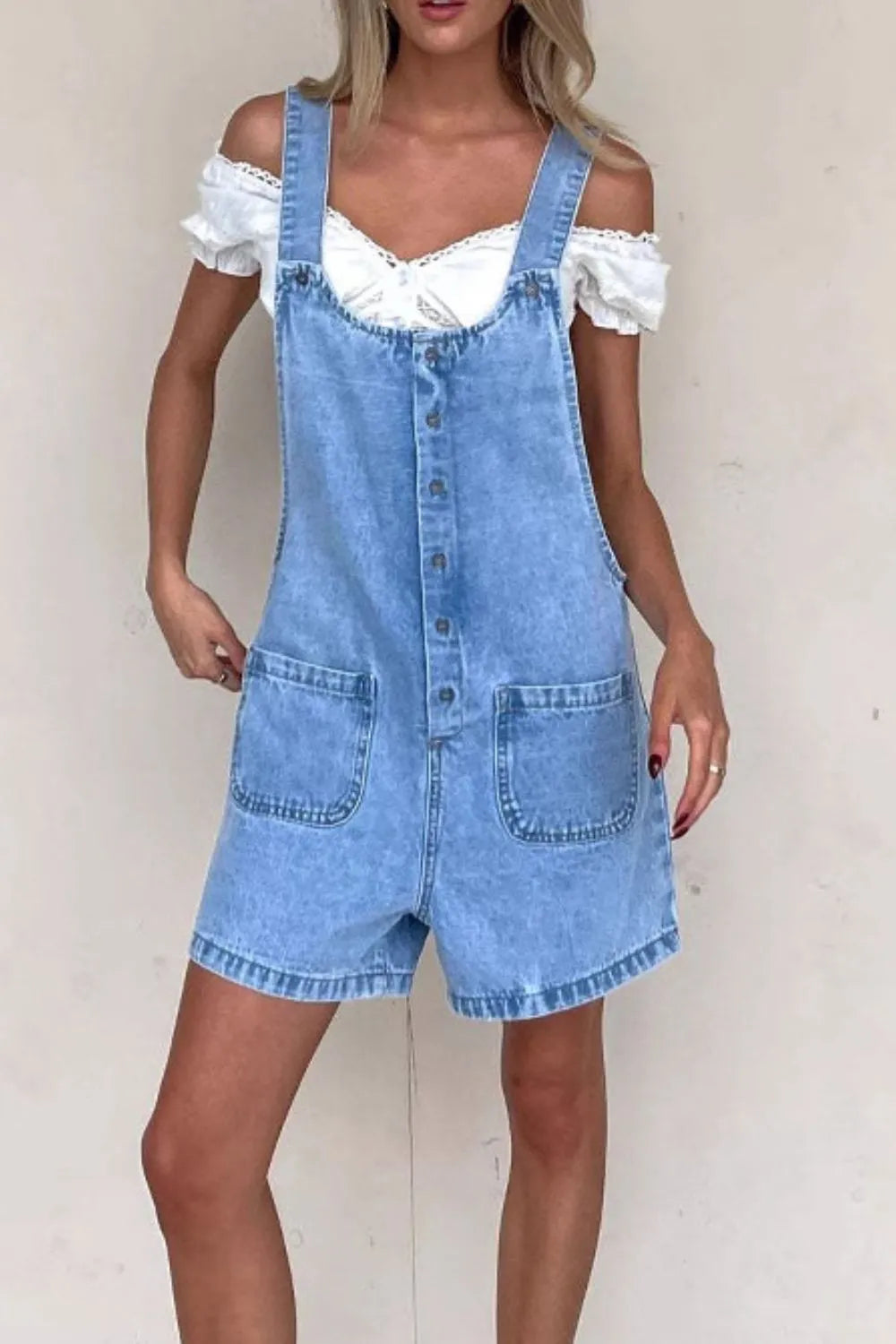 Button Front Denim Overall Shorts with Front Pockets