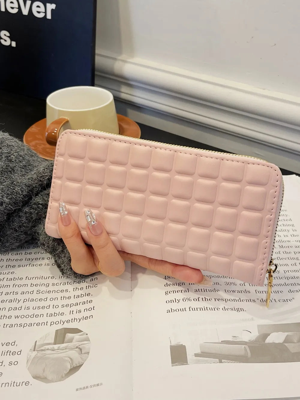 PU Leather Solid Color Wallet Blush Pink One Size