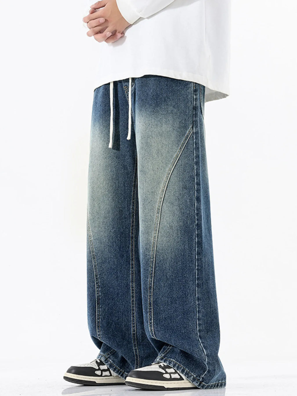 men's men's full size vintage wash wide leg jeans plus size - detail shot