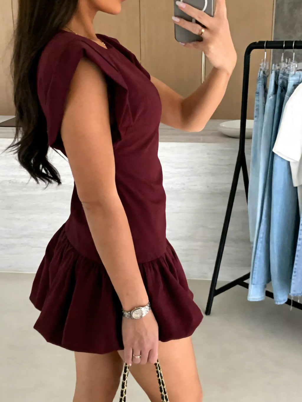 women's ruffle hem mini dress - lifestyle shot