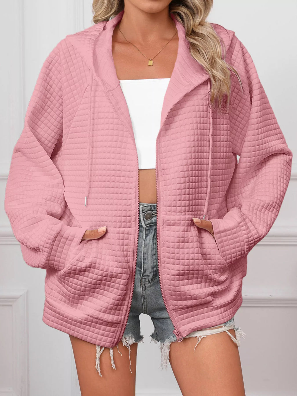 women's full size textured quilted zip-up hooded jacket plus size - extra view