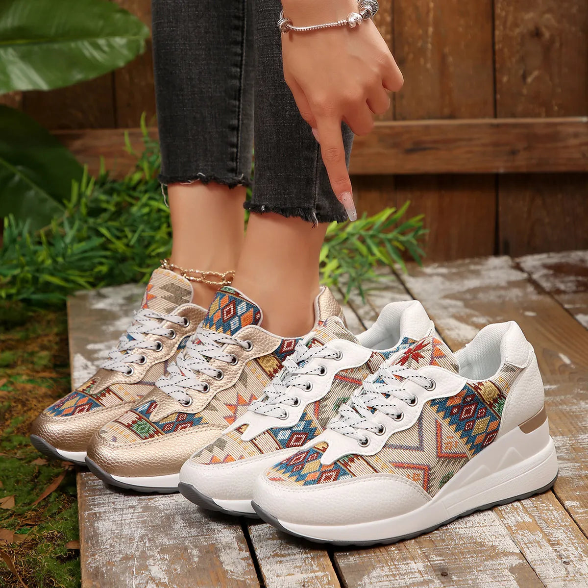 women's geometric lace up wedge sneakers - product showcase