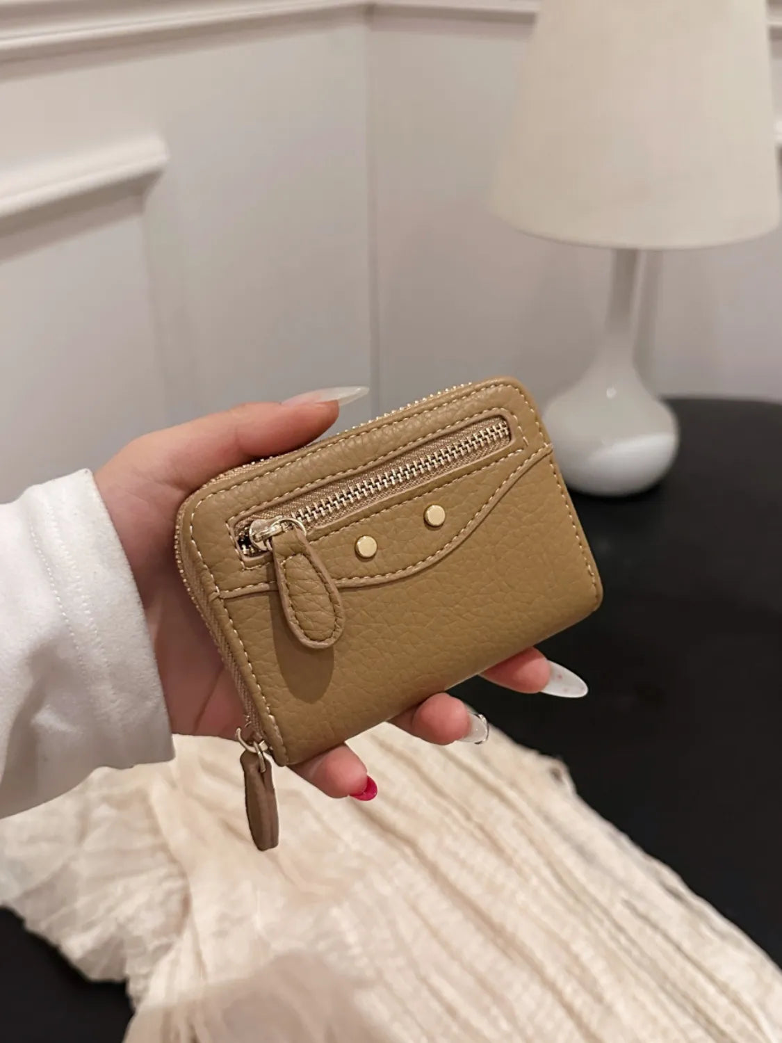 PU Leather Solid Color Card Case Taupe One Size