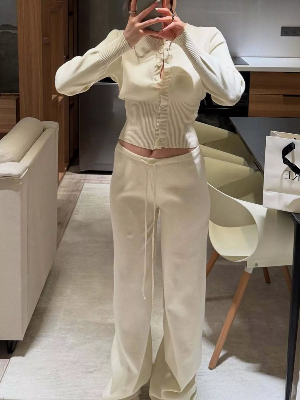 women's button up cardigan and pants knit set - styling option