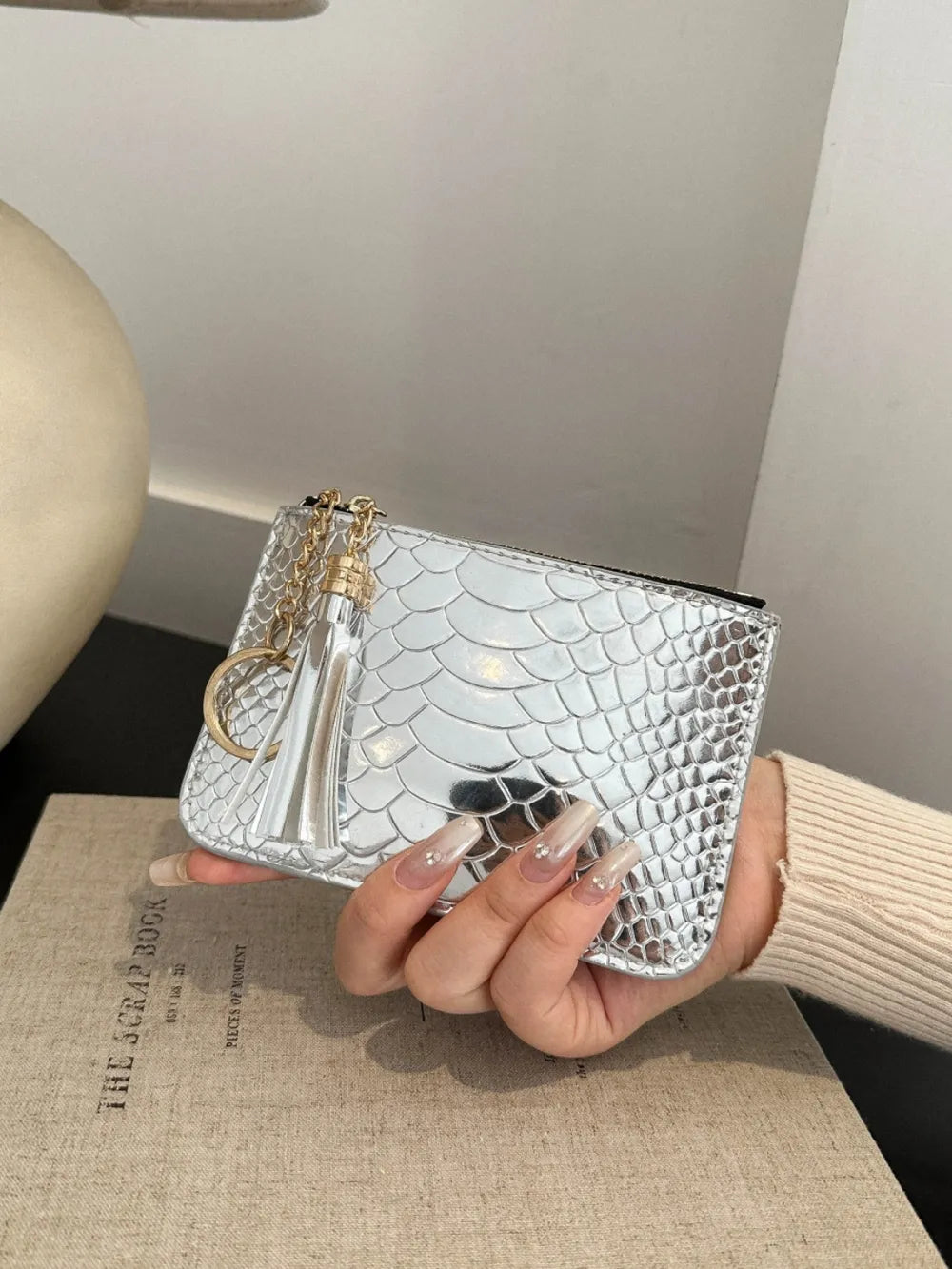 PU Leather Tassel Trim Card Case Silver One Size