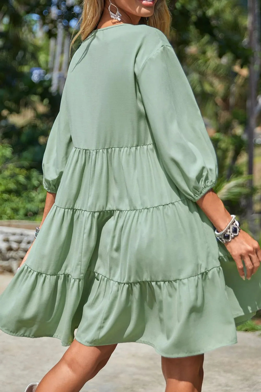 Embroidered Tie Neck Three-Quarter Sleeve Mini Dress