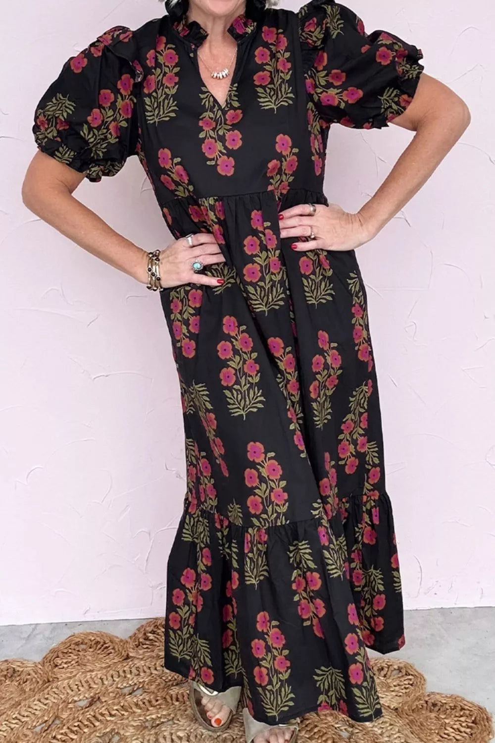 women's floral print tiered maxi dress - close-up detail