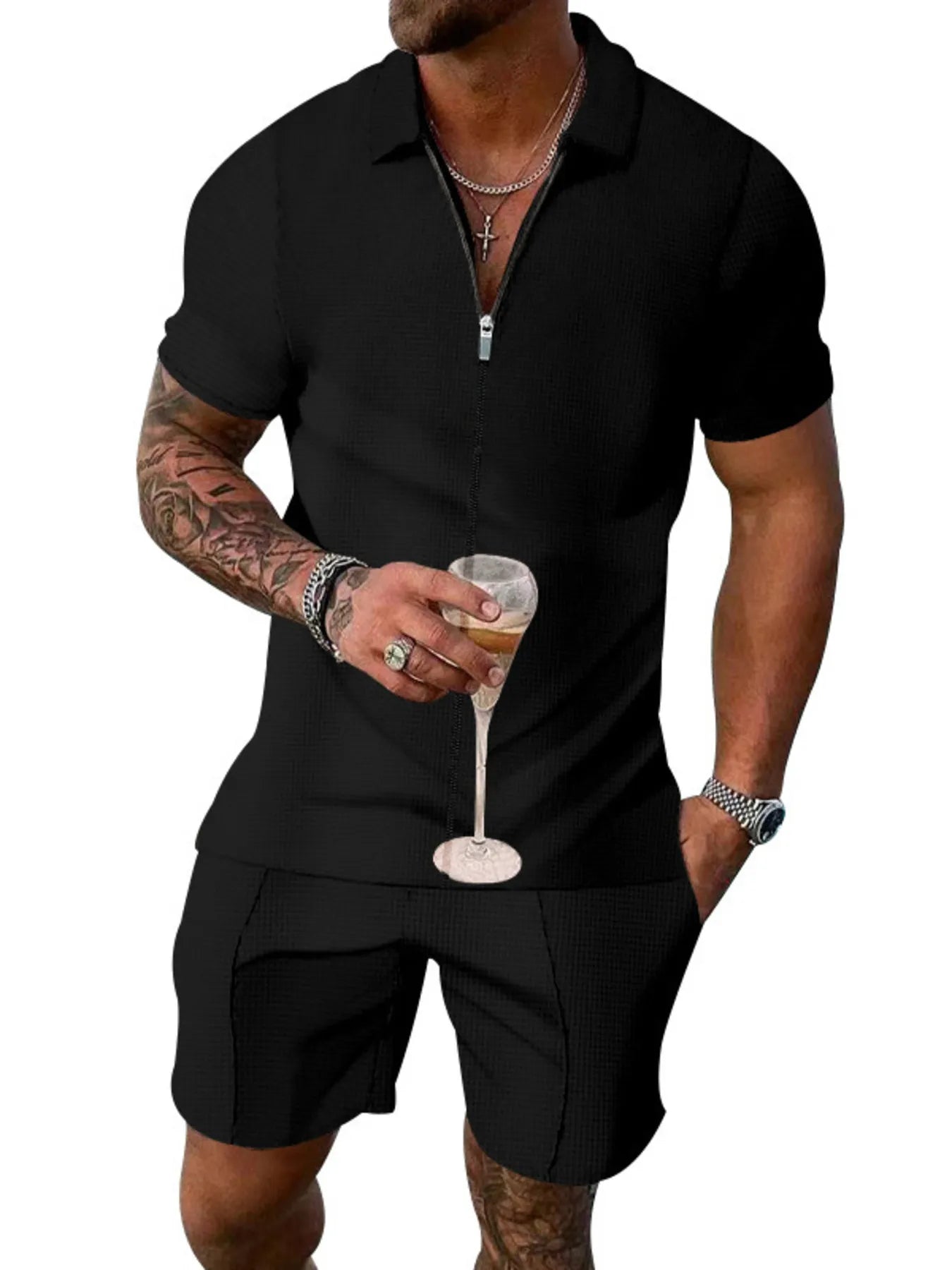 men's men's plus size zip up short sleeve top and shorts set - styling option