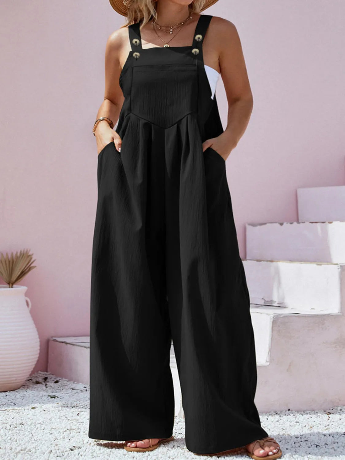 Plus Size Square Neck Wide Leg Overalls Black