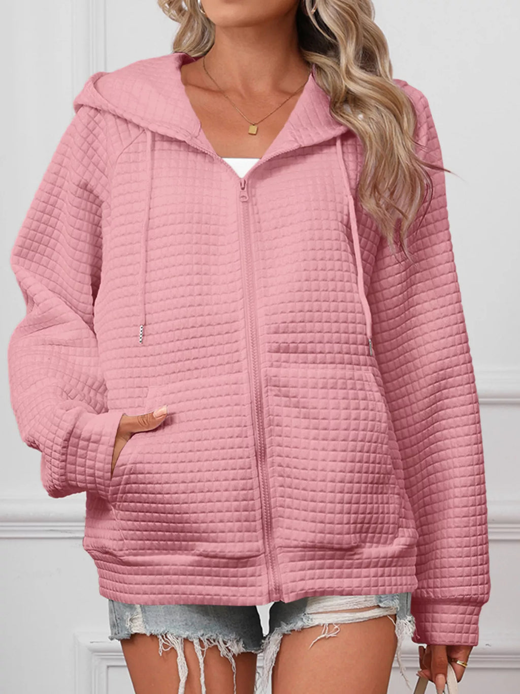 women's full size textured quilted zip-up hooded jacket plus size - additional image