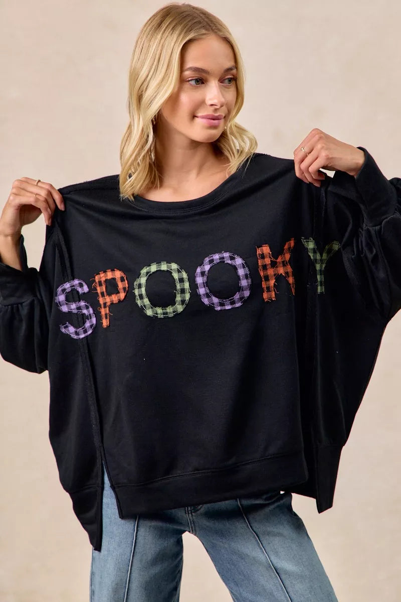 women's bibi spook plaid letter print oversized sweatshirt - lifestyle shot