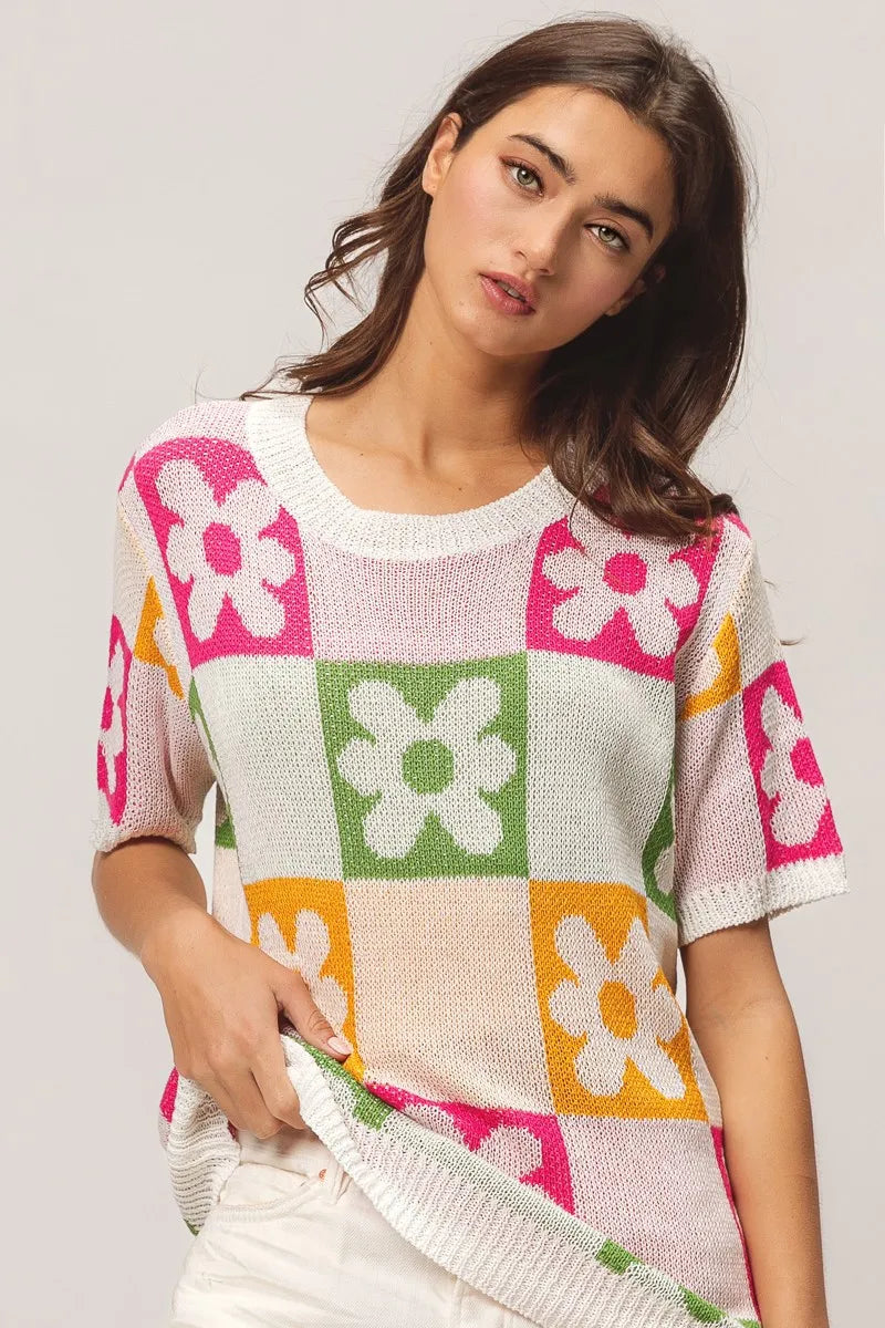 bibi flower checker pattern lightweight sweater top shown as women’s sweater