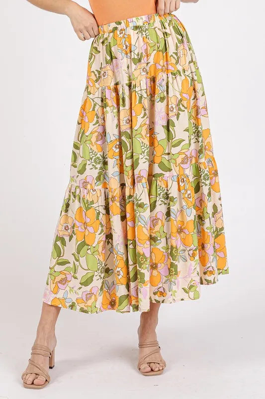 Mittoshop Flower Print Elastic Waist Tiered Skirt Tangerine