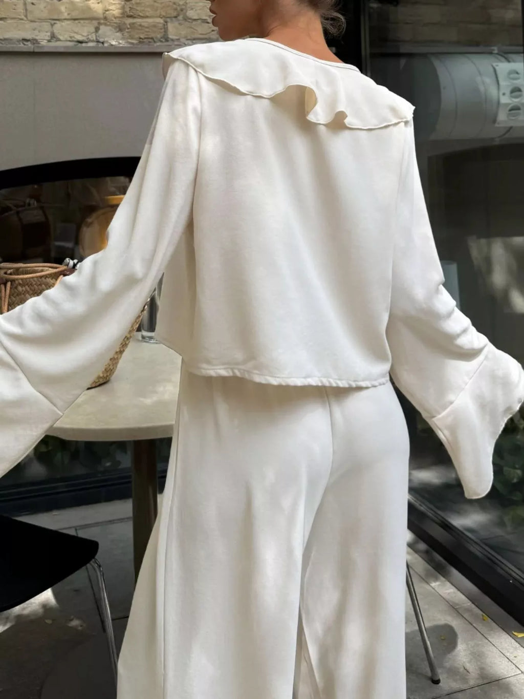 women's ruffle trim tie front top and pants set - product detail
