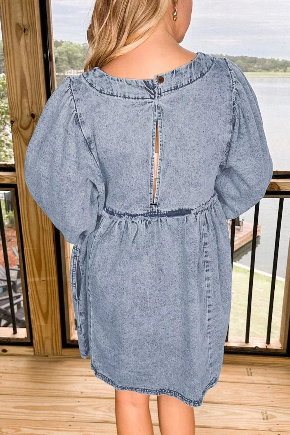 women's vintage wash denim dress with pockets - side view