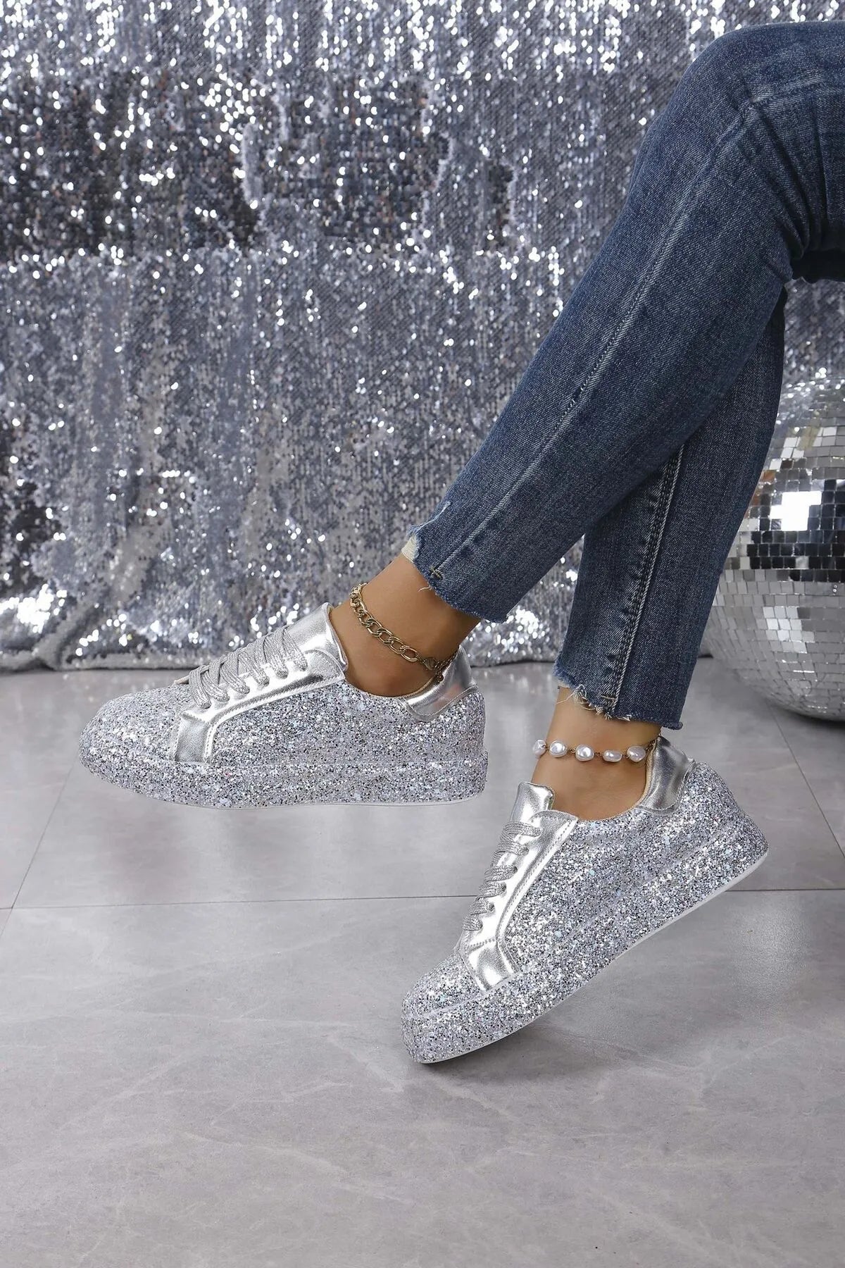 women's glitter sparkle lace up sneakers - additional image