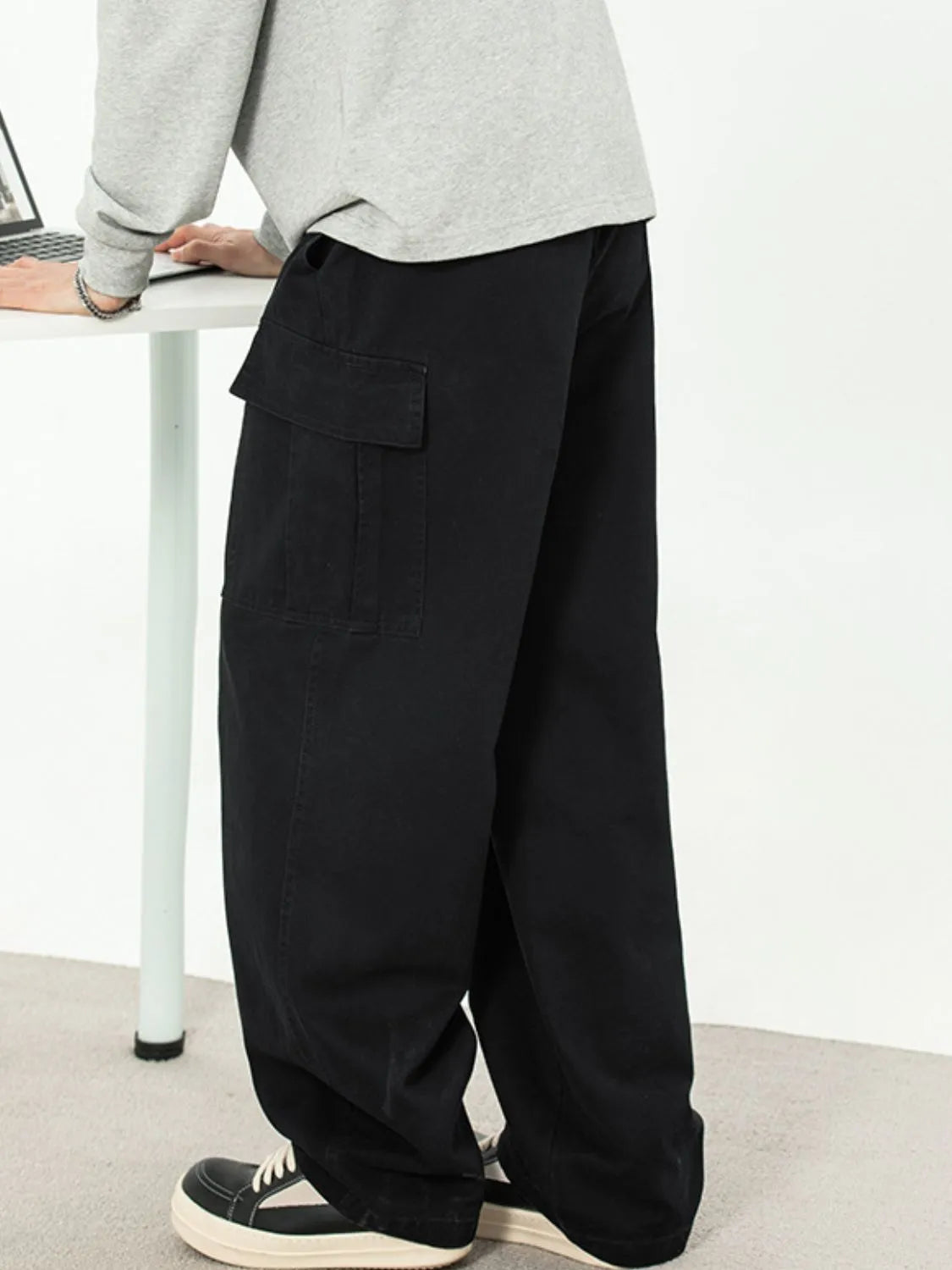 Men's Plus Size Drawstring Pants with Cargo Pockets Black