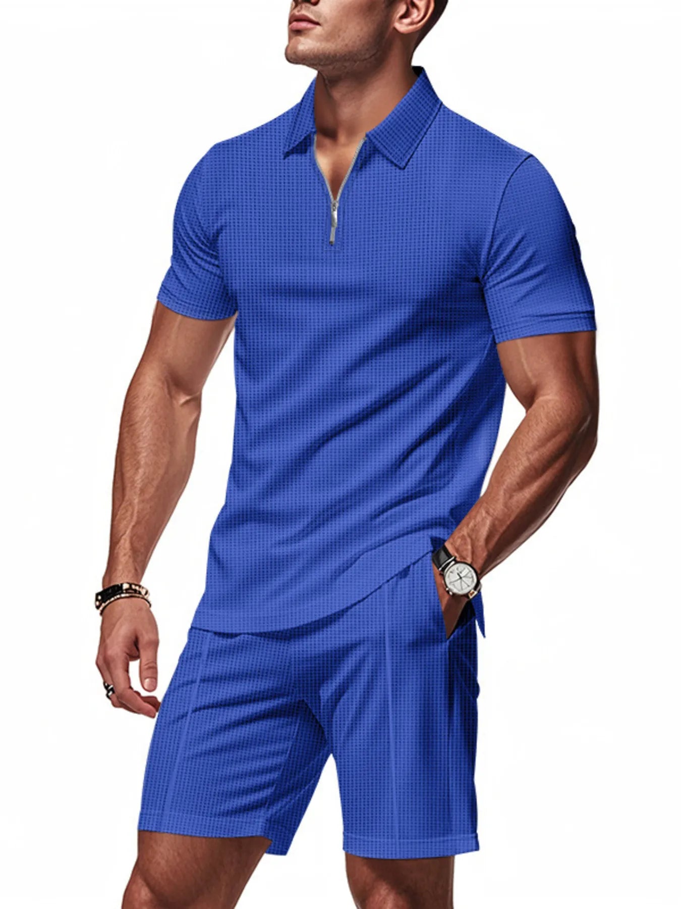 men's men's plus size quarter zip short sleeve top and shorts set - product detail