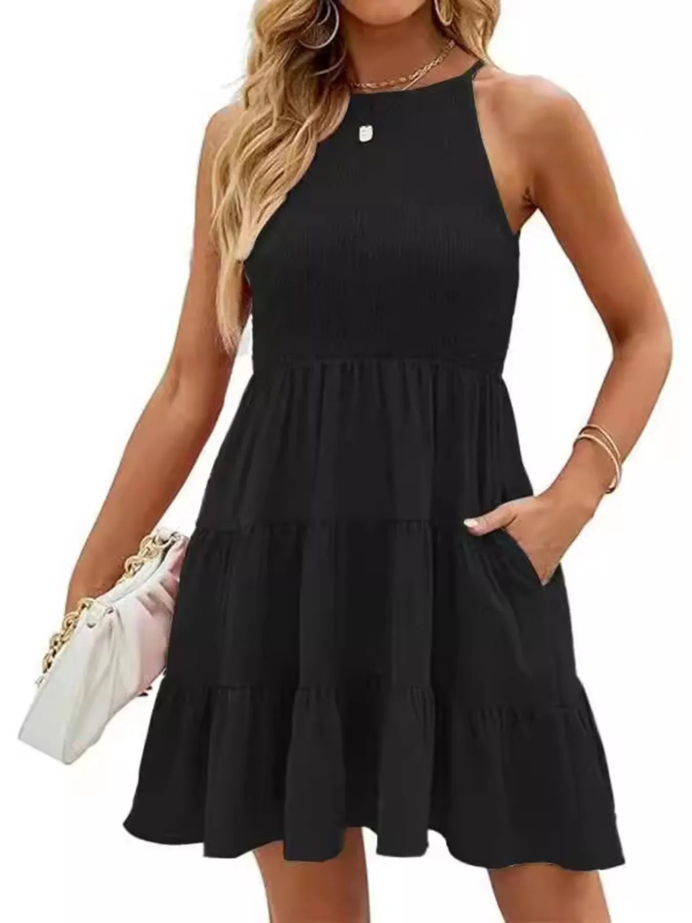 Full Size Sleeveless Smocked Tiered Summer Flare Dress Plus Size Black